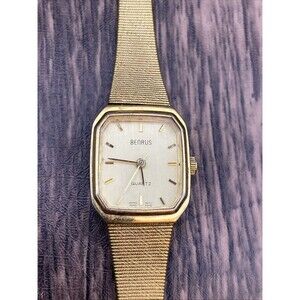 Vtg Benrus Womens Tank Style Watch Gold Tone Case Gold Dial New Battery